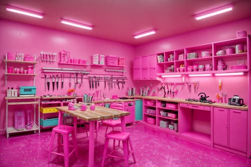 photo from pinterest of hot pink-style interior designed (workshop interior) with messy and tool wall and wooden workbench and messy. . with barbie style interior and barbie chairs and barbie glitter and sparkle and hot pink barbie colors and barbie closet and barbie plastic interior and hot pink barbie walls and barbie bold rosy hues like fuchsia and magenta. . cinematic photo, highly detailed, cinematic lighting, ultra-detailed, ultrarealistic, photorealism, 8k. trending on pinterest. hot pink interior design style. masterpiece, cinematic light, ultrarealistic+, photorealistic+, 8k, raw photo, realistic, sharp focus on eyes, (symmetrical eyes), (intact eyes), hyperrealistic, highest quality, best quality, , highly detailed, masterpiece, best quality, extremely detailed 8k wallpaper, masterpiece, best quality, ultra-detailed, best shadow, detailed background, detailed face, detailed eyes, high contrast, best illumination, detailed face, dulux, caustic, dynamic angle, detailed glow. dramatic lighting. highly detailed, insanely detailed hair, symmetrical, intricate details, professionally retouched, 8k high definition. strong bokeh. award winning photo.