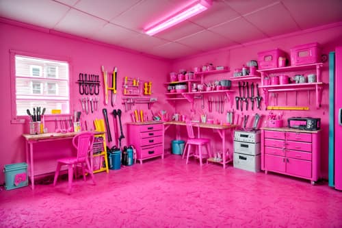 photo from pinterest of hot pink-style interior designed (workshop interior) with messy and tool wall and wooden workbench and messy. . with barbie style interior and barbie chairs and barbie glitter and sparkle and hot pink barbie colors and barbie closet and barbie plastic interior and hot pink barbie walls and barbie bold rosy hues like fuchsia and magenta. . cinematic photo, highly detailed, cinematic lighting, ultra-detailed, ultrarealistic, photorealism, 8k. trending on pinterest. hot pink interior design style. masterpiece, cinematic light, ultrarealistic+, photorealistic+, 8k, raw photo, realistic, sharp focus on eyes, (symmetrical eyes), (intact eyes), hyperrealistic, highest quality, best quality, , highly detailed, masterpiece, best quality, extremely detailed 8k wallpaper, masterpiece, best quality, ultra-detailed, best shadow, detailed background, detailed face, detailed eyes, high contrast, best illumination, detailed face, dulux, caustic, dynamic angle, detailed glow. dramatic lighting. highly detailed, insanely detailed hair, symmetrical, intricate details, professionally retouched, 8k high definition. strong bokeh. award winning photo.