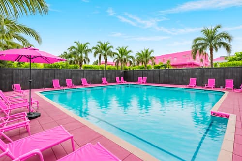 photo from pinterest of hot pink-style designed (outdoor pool area ) with pool lounge chairs and pool and pool lights and pool lounge chairs. . with barbie chairs and barbie style and barbie closet and hot pink barbie walls and barbie bold rosy hues like fuchsia and magenta and hot pink barbie colors and barbie plastic and barbie glitter and sparkle. . cinematic photo, highly detailed, cinematic lighting, ultra-detailed, ultrarealistic, photorealism, 8k. trending on pinterest. hot pink design style. masterpiece, cinematic light, ultrarealistic+, photorealistic+, 8k, raw photo, realistic, sharp focus on eyes, (symmetrical eyes), (intact eyes), hyperrealistic, highest quality, best quality, , highly detailed, masterpiece, best quality, extremely detailed 8k wallpaper, masterpiece, best quality, ultra-detailed, best shadow, detailed background, detailed face, detailed eyes, high contrast, best illumination, detailed face, dulux, caustic, dynamic angle, detailed glow. dramatic lighting. highly detailed, insanely detailed hair, symmetrical, intricate details, professionally retouched, 8k high definition. strong bokeh. award winning photo.