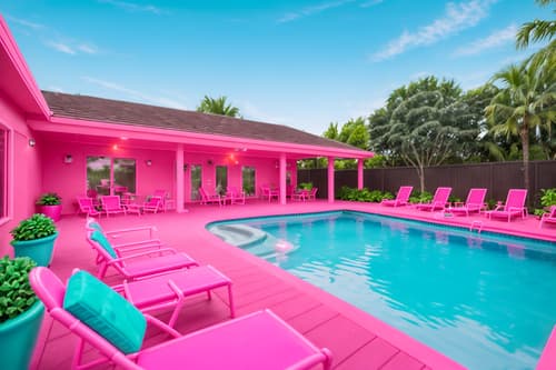 photo from pinterest of hot pink-style designed (outdoor pool area ) with pool lounge chairs and pool and pool lights and pool lounge chairs. . with barbie chairs and barbie style and barbie closet and hot pink barbie walls and barbie bold rosy hues like fuchsia and magenta and hot pink barbie colors and barbie plastic and barbie glitter and sparkle. . cinematic photo, highly detailed, cinematic lighting, ultra-detailed, ultrarealistic, photorealism, 8k. trending on pinterest. hot pink design style. masterpiece, cinematic light, ultrarealistic+, photorealistic+, 8k, raw photo, realistic, sharp focus on eyes, (symmetrical eyes), (intact eyes), hyperrealistic, highest quality, best quality, , highly detailed, masterpiece, best quality, extremely detailed 8k wallpaper, masterpiece, best quality, ultra-detailed, best shadow, detailed background, detailed face, detailed eyes, high contrast, best illumination, detailed face, dulux, caustic, dynamic angle, detailed glow. dramatic lighting. highly detailed, insanely detailed hair, symmetrical, intricate details, professionally retouched, 8k high definition. strong bokeh. award winning photo.