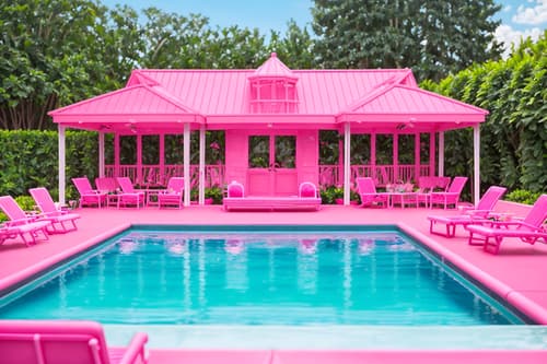 photo from pinterest of hot pink-style designed (outdoor pool area ) with pool lounge chairs and pool and pool lights and pool lounge chairs. . with barbie chairs and barbie style and barbie closet and hot pink barbie walls and barbie bold rosy hues like fuchsia and magenta and hot pink barbie colors and barbie plastic and barbie glitter and sparkle. . cinematic photo, highly detailed, cinematic lighting, ultra-detailed, ultrarealistic, photorealism, 8k. trending on pinterest. hot pink design style. masterpiece, cinematic light, ultrarealistic+, photorealistic+, 8k, raw photo, realistic, sharp focus on eyes, (symmetrical eyes), (intact eyes), hyperrealistic, highest quality, best quality, , highly detailed, masterpiece, best quality, extremely detailed 8k wallpaper, masterpiece, best quality, ultra-detailed, best shadow, detailed background, detailed face, detailed eyes, high contrast, best illumination, detailed face, dulux, caustic, dynamic angle, detailed glow. dramatic lighting. highly detailed, insanely detailed hair, symmetrical, intricate details, professionally retouched, 8k high definition. strong bokeh. award winning photo.