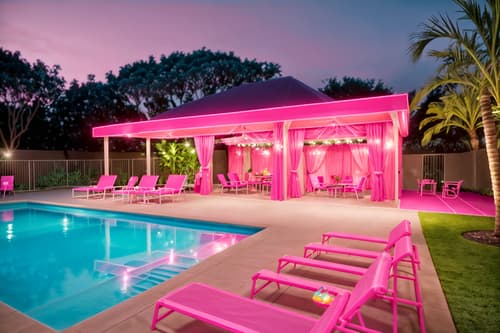 photo from pinterest of hot pink-style designed (outdoor pool area ) with pool lounge chairs and pool and pool lights and pool lounge chairs. . with barbie chairs and barbie style and barbie closet and hot pink barbie walls and barbie bold rosy hues like fuchsia and magenta and hot pink barbie colors and barbie plastic and barbie glitter and sparkle. . cinematic photo, highly detailed, cinematic lighting, ultra-detailed, ultrarealistic, photorealism, 8k. trending on pinterest. hot pink design style. masterpiece, cinematic light, ultrarealistic+, photorealistic+, 8k, raw photo, realistic, sharp focus on eyes, (symmetrical eyes), (intact eyes), hyperrealistic, highest quality, best quality, , highly detailed, masterpiece, best quality, extremely detailed 8k wallpaper, masterpiece, best quality, ultra-detailed, best shadow, detailed background, detailed face, detailed eyes, high contrast, best illumination, detailed face, dulux, caustic, dynamic angle, detailed glow. dramatic lighting. highly detailed, insanely detailed hair, symmetrical, intricate details, professionally retouched, 8k high definition. strong bokeh. award winning photo.