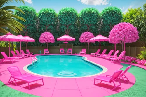 photo from pinterest of hot pink-style designed (outdoor pool area ) with pool lounge chairs and pool and pool lights and pool lounge chairs. . with barbie chairs and barbie style and barbie closet and hot pink barbie walls and barbie bold rosy hues like fuchsia and magenta and hot pink barbie colors and barbie plastic and barbie glitter and sparkle. . cinematic photo, highly detailed, cinematic lighting, ultra-detailed, ultrarealistic, photorealism, 8k. trending on pinterest. hot pink design style. masterpiece, cinematic light, ultrarealistic+, photorealistic+, 8k, raw photo, realistic, sharp focus on eyes, (symmetrical eyes), (intact eyes), hyperrealistic, highest quality, best quality, , highly detailed, masterpiece, best quality, extremely detailed 8k wallpaper, masterpiece, best quality, ultra-detailed, best shadow, detailed background, detailed face, detailed eyes, high contrast, best illumination, detailed face, dulux, caustic, dynamic angle, detailed glow. dramatic lighting. highly detailed, insanely detailed hair, symmetrical, intricate details, professionally retouched, 8k high definition. strong bokeh. award winning photo.