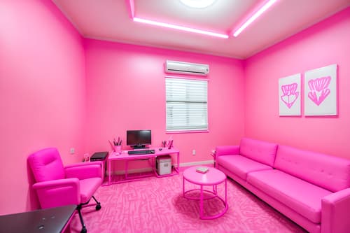 photo from pinterest of hot pink-style interior designed (coworking space interior) with office chairs and lounge chairs and office desks and seating area with sofa and office chairs. . with barbie sofa and barbie plastic interior and barbie chairs and barbie bold rosy hues like fuchsia and magenta and barbie closet and hot pink barbie colors and barbie glitter and sparkle and hot pink barbie walls. . cinematic photo, highly detailed, cinematic lighting, ultra-detailed, ultrarealistic, photorealism, 8k. trending on pinterest. hot pink interior design style. masterpiece, cinematic light, ultrarealistic+, photorealistic+, 8k, raw photo, realistic, sharp focus on eyes, (symmetrical eyes), (intact eyes), hyperrealistic, highest quality, best quality, , highly detailed, masterpiece, best quality, extremely detailed 8k wallpaper, masterpiece, best quality, ultra-detailed, best shadow, detailed background, detailed face, detailed eyes, high contrast, best illumination, detailed face, dulux, caustic, dynamic angle, detailed glow. dramatic lighting. highly detailed, insanely detailed hair, symmetrical, intricate details, professionally retouched, 8k high definition. strong bokeh. award winning photo.