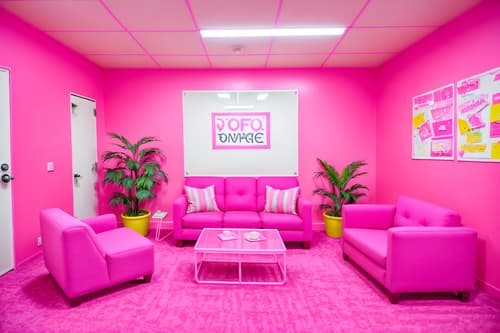 photo from pinterest of hot pink-style interior designed (coworking space interior) with office chairs and lounge chairs and office desks and seating area with sofa and office chairs. . with barbie sofa and barbie plastic interior and barbie chairs and barbie bold rosy hues like fuchsia and magenta and barbie closet and hot pink barbie colors and barbie glitter and sparkle and hot pink barbie walls. . cinematic photo, highly detailed, cinematic lighting, ultra-detailed, ultrarealistic, photorealism, 8k. trending on pinterest. hot pink interior design style. masterpiece, cinematic light, ultrarealistic+, photorealistic+, 8k, raw photo, realistic, sharp focus on eyes, (symmetrical eyes), (intact eyes), hyperrealistic, highest quality, best quality, , highly detailed, masterpiece, best quality, extremely detailed 8k wallpaper, masterpiece, best quality, ultra-detailed, best shadow, detailed background, detailed face, detailed eyes, high contrast, best illumination, detailed face, dulux, caustic, dynamic angle, detailed glow. dramatic lighting. highly detailed, insanely detailed hair, symmetrical, intricate details, professionally retouched, 8k high definition. strong bokeh. award winning photo.