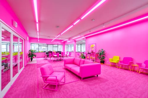 photo from pinterest of hot pink-style interior designed (coworking space interior) with office chairs and lounge chairs and office desks and seating area with sofa and office chairs. . with barbie sofa and barbie plastic interior and barbie chairs and barbie bold rosy hues like fuchsia and magenta and barbie closet and hot pink barbie colors and barbie glitter and sparkle and hot pink barbie walls. . cinematic photo, highly detailed, cinematic lighting, ultra-detailed, ultrarealistic, photorealism, 8k. trending on pinterest. hot pink interior design style. masterpiece, cinematic light, ultrarealistic+, photorealistic+, 8k, raw photo, realistic, sharp focus on eyes, (symmetrical eyes), (intact eyes), hyperrealistic, highest quality, best quality, , highly detailed, masterpiece, best quality, extremely detailed 8k wallpaper, masterpiece, best quality, ultra-detailed, best shadow, detailed background, detailed face, detailed eyes, high contrast, best illumination, detailed face, dulux, caustic, dynamic angle, detailed glow. dramatic lighting. highly detailed, insanely detailed hair, symmetrical, intricate details, professionally retouched, 8k high definition. strong bokeh. award winning photo.
