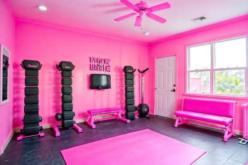 photo from pinterest of hot pink-style interior designed (fitness gym interior) with dumbbell stand and exercise bicycle and squat rack and bench press and crosstrainer and dumbbell stand. . with barbie style interior and hot pink barbie walls and barbie sofa and hot pink barbie colors and barbie plastic interior and barbie bold rosy hues like fuchsia and magenta and barbie chairs and barbie closet. . cinematic photo, highly detailed, cinematic lighting, ultra-detailed, ultrarealistic, photorealism, 8k. trending on pinterest. hot pink interior design style. masterpiece, cinematic light, ultrarealistic+, photorealistic+, 8k, raw photo, realistic, sharp focus on eyes, (symmetrical eyes), (intact eyes), hyperrealistic, highest quality, best quality, , highly detailed, masterpiece, best quality, extremely detailed 8k wallpaper, masterpiece, best quality, ultra-detailed, best shadow, detailed background, detailed face, detailed eyes, high contrast, best illumination, detailed face, dulux, caustic, dynamic angle, detailed glow. dramatic lighting. highly detailed, insanely detailed hair, symmetrical, intricate details, professionally retouched, 8k high definition. strong bokeh. award winning photo.