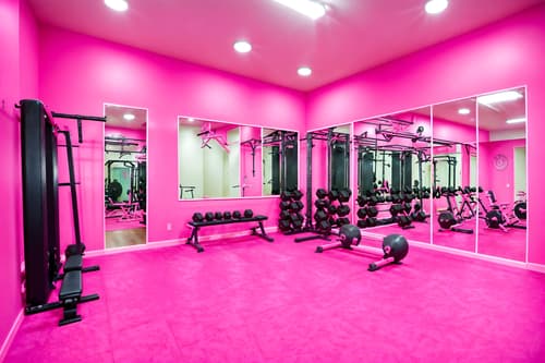photo from pinterest of hot pink-style interior designed (fitness gym interior) with dumbbell stand and exercise bicycle and squat rack and bench press and crosstrainer and dumbbell stand. . with barbie style interior and hot pink barbie walls and barbie sofa and hot pink barbie colors and barbie plastic interior and barbie bold rosy hues like fuchsia and magenta and barbie chairs and barbie closet. . cinematic photo, highly detailed, cinematic lighting, ultra-detailed, ultrarealistic, photorealism, 8k. trending on pinterest. hot pink interior design style. masterpiece, cinematic light, ultrarealistic+, photorealistic+, 8k, raw photo, realistic, sharp focus on eyes, (symmetrical eyes), (intact eyes), hyperrealistic, highest quality, best quality, , highly detailed, masterpiece, best quality, extremely detailed 8k wallpaper, masterpiece, best quality, ultra-detailed, best shadow, detailed background, detailed face, detailed eyes, high contrast, best illumination, detailed face, dulux, caustic, dynamic angle, detailed glow. dramatic lighting. highly detailed, insanely detailed hair, symmetrical, intricate details, professionally retouched, 8k high definition. strong bokeh. award winning photo.