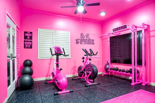photo from pinterest of hot pink-style interior designed (fitness gym interior) with dumbbell stand and exercise bicycle and squat rack and bench press and crosstrainer and dumbbell stand. . with barbie style interior and hot pink barbie walls and barbie sofa and hot pink barbie colors and barbie plastic interior and barbie bold rosy hues like fuchsia and magenta and barbie chairs and barbie closet. . cinematic photo, highly detailed, cinematic lighting, ultra-detailed, ultrarealistic, photorealism, 8k. trending on pinterest. hot pink interior design style. masterpiece, cinematic light, ultrarealistic+, photorealistic+, 8k, raw photo, realistic, sharp focus on eyes, (symmetrical eyes), (intact eyes), hyperrealistic, highest quality, best quality, , highly detailed, masterpiece, best quality, extremely detailed 8k wallpaper, masterpiece, best quality, ultra-detailed, best shadow, detailed background, detailed face, detailed eyes, high contrast, best illumination, detailed face, dulux, caustic, dynamic angle, detailed glow. dramatic lighting. highly detailed, insanely detailed hair, symmetrical, intricate details, professionally retouched, 8k high definition. strong bokeh. award winning photo.