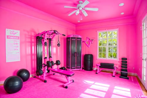 photo from pinterest of hot pink-style interior designed (fitness gym interior) with dumbbell stand and exercise bicycle and squat rack and bench press and crosstrainer and dumbbell stand. . with barbie style interior and hot pink barbie walls and barbie sofa and hot pink barbie colors and barbie plastic interior and barbie bold rosy hues like fuchsia and magenta and barbie chairs and barbie closet. . cinematic photo, highly detailed, cinematic lighting, ultra-detailed, ultrarealistic, photorealism, 8k. trending on pinterest. hot pink interior design style. masterpiece, cinematic light, ultrarealistic+, photorealistic+, 8k, raw photo, realistic, sharp focus on eyes, (symmetrical eyes), (intact eyes), hyperrealistic, highest quality, best quality, , highly detailed, masterpiece, best quality, extremely detailed 8k wallpaper, masterpiece, best quality, ultra-detailed, best shadow, detailed background, detailed face, detailed eyes, high contrast, best illumination, detailed face, dulux, caustic, dynamic angle, detailed glow. dramatic lighting. highly detailed, insanely detailed hair, symmetrical, intricate details, professionally retouched, 8k high definition. strong bokeh. award winning photo.