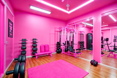 photo from pinterest of hot pink-style interior designed (fitness gym interior) with dumbbell stand and exercise bicycle and squat rack and bench press and crosstrainer and dumbbell stand. . with barbie style interior and hot pink barbie walls and barbie sofa and hot pink barbie colors and barbie plastic interior and barbie bold rosy hues like fuchsia and magenta and barbie chairs and barbie closet. . cinematic photo, highly detailed, cinematic lighting, ultra-detailed, ultrarealistic, photorealism, 8k. trending on pinterest. hot pink interior design style. masterpiece, cinematic light, ultrarealistic+, photorealistic+, 8k, raw photo, realistic, sharp focus on eyes, (symmetrical eyes), (intact eyes), hyperrealistic, highest quality, best quality, , highly detailed, masterpiece, best quality, extremely detailed 8k wallpaper, masterpiece, best quality, ultra-detailed, best shadow, detailed background, detailed face, detailed eyes, high contrast, best illumination, detailed face, dulux, caustic, dynamic angle, detailed glow. dramatic lighting. highly detailed, insanely detailed hair, symmetrical, intricate details, professionally retouched, 8k high definition. strong bokeh. award winning photo.