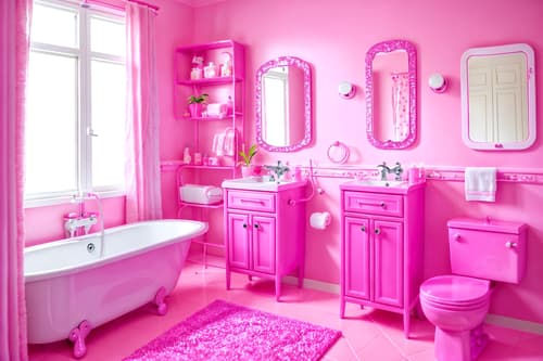 photo from pinterest of hot pink-style interior designed (bathroom interior) with toilet seat and bathroom cabinet and waste basket and shower and bath towel and bathtub and mirror and plant. . with barbie sofa and barbie chairs and barbie closet and hot pink barbie colors and barbie plastic interior and barbie style interior and barbie bold rosy hues like fuchsia and magenta and barbie glitter and sparkle. . cinematic photo, highly detailed, cinematic lighting, ultra-detailed, ultrarealistic, photorealism, 8k. trending on pinterest. hot pink interior design style. masterpiece, cinematic light, ultrarealistic+, photorealistic+, 8k, raw photo, realistic, sharp focus on eyes, (symmetrical eyes), (intact eyes), hyperrealistic, highest quality, best quality, , highly detailed, masterpiece, best quality, extremely detailed 8k wallpaper, masterpiece, best quality, ultra-detailed, best shadow, detailed background, detailed face, detailed eyes, high contrast, best illumination, detailed face, dulux, caustic, dynamic angle, detailed glow. dramatic lighting. highly detailed, insanely detailed hair, symmetrical, intricate details, professionally retouched, 8k high definition. strong bokeh. award winning photo.