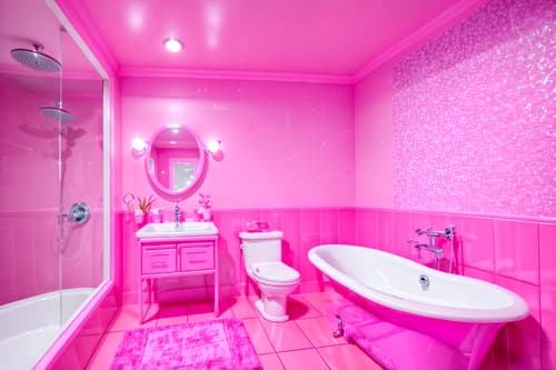 photo from pinterest of hot pink-style interior designed (bathroom interior) with toilet seat and bathroom cabinet and waste basket and shower and bath towel and bathtub and mirror and plant. . with barbie sofa and barbie chairs and barbie closet and hot pink barbie colors and barbie plastic interior and barbie style interior and barbie bold rosy hues like fuchsia and magenta and barbie glitter and sparkle. . cinematic photo, highly detailed, cinematic lighting, ultra-detailed, ultrarealistic, photorealism, 8k. trending on pinterest. hot pink interior design style. masterpiece, cinematic light, ultrarealistic+, photorealistic+, 8k, raw photo, realistic, sharp focus on eyes, (symmetrical eyes), (intact eyes), hyperrealistic, highest quality, best quality, , highly detailed, masterpiece, best quality, extremely detailed 8k wallpaper, masterpiece, best quality, ultra-detailed, best shadow, detailed background, detailed face, detailed eyes, high contrast, best illumination, detailed face, dulux, caustic, dynamic angle, detailed glow. dramatic lighting. highly detailed, insanely detailed hair, symmetrical, intricate details, professionally retouched, 8k high definition. strong bokeh. award winning photo.