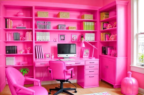 photo from pinterest of hot pink-style interior designed (study room interior) with plant and bookshelves and lounge chair and cabinets and office chair and writing desk and desk lamp and plant. . with barbie sofa and barbie bold rosy hues like fuchsia and magenta and barbie glitter and sparkle and barbie plastic interior and hot pink barbie walls and barbie chairs and hot pink barbie colors and barbie closet. . cinematic photo, highly detailed, cinematic lighting, ultra-detailed, ultrarealistic, photorealism, 8k. trending on pinterest. hot pink interior design style. masterpiece, cinematic light, ultrarealistic+, photorealistic+, 8k, raw photo, realistic, sharp focus on eyes, (symmetrical eyes), (intact eyes), hyperrealistic, highest quality, best quality, , highly detailed, masterpiece, best quality, extremely detailed 8k wallpaper, masterpiece, best quality, ultra-detailed, best shadow, detailed background, detailed face, detailed eyes, high contrast, best illumination, detailed face, dulux, caustic, dynamic angle, detailed glow. dramatic lighting. highly detailed, insanely detailed hair, symmetrical, intricate details, professionally retouched, 8k high definition. strong bokeh. award winning photo.