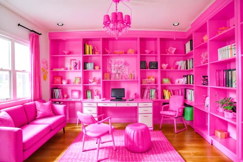 photo from pinterest of hot pink-style interior designed (study room interior) with plant and bookshelves and lounge chair and cabinets and office chair and writing desk and desk lamp and plant. . with barbie sofa and barbie bold rosy hues like fuchsia and magenta and barbie glitter and sparkle and barbie plastic interior and hot pink barbie walls and barbie chairs and hot pink barbie colors and barbie closet. . cinematic photo, highly detailed, cinematic lighting, ultra-detailed, ultrarealistic, photorealism, 8k. trending on pinterest. hot pink interior design style. masterpiece, cinematic light, ultrarealistic+, photorealistic+, 8k, raw photo, realistic, sharp focus on eyes, (symmetrical eyes), (intact eyes), hyperrealistic, highest quality, best quality, , highly detailed, masterpiece, best quality, extremely detailed 8k wallpaper, masterpiece, best quality, ultra-detailed, best shadow, detailed background, detailed face, detailed eyes, high contrast, best illumination, detailed face, dulux, caustic, dynamic angle, detailed glow. dramatic lighting. highly detailed, insanely detailed hair, symmetrical, intricate details, professionally retouched, 8k high definition. strong bokeh. award winning photo.