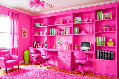 photo from pinterest of hot pink-style interior designed (study room interior) with plant and bookshelves and lounge chair and cabinets and office chair and writing desk and desk lamp and plant. . with barbie sofa and barbie bold rosy hues like fuchsia and magenta and barbie glitter and sparkle and barbie plastic interior and hot pink barbie walls and barbie chairs and hot pink barbie colors and barbie closet. . cinematic photo, highly detailed, cinematic lighting, ultra-detailed, ultrarealistic, photorealism, 8k. trending on pinterest. hot pink interior design style. masterpiece, cinematic light, ultrarealistic+, photorealistic+, 8k, raw photo, realistic, sharp focus on eyes, (symmetrical eyes), (intact eyes), hyperrealistic, highest quality, best quality, , highly detailed, masterpiece, best quality, extremely detailed 8k wallpaper, masterpiece, best quality, ultra-detailed, best shadow, detailed background, detailed face, detailed eyes, high contrast, best illumination, detailed face, dulux, caustic, dynamic angle, detailed glow. dramatic lighting. highly detailed, insanely detailed hair, symmetrical, intricate details, professionally retouched, 8k high definition. strong bokeh. award winning photo.