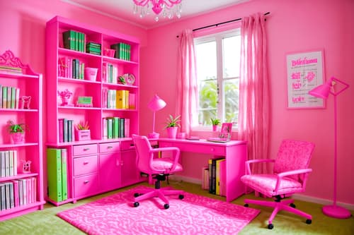 photo from pinterest of hot pink-style interior designed (study room interior) with plant and bookshelves and lounge chair and cabinets and office chair and writing desk and desk lamp and plant. . with barbie sofa and barbie bold rosy hues like fuchsia and magenta and barbie glitter and sparkle and barbie plastic interior and hot pink barbie walls and barbie chairs and hot pink barbie colors and barbie closet. . cinematic photo, highly detailed, cinematic lighting, ultra-detailed, ultrarealistic, photorealism, 8k. trending on pinterest. hot pink interior design style. masterpiece, cinematic light, ultrarealistic+, photorealistic+, 8k, raw photo, realistic, sharp focus on eyes, (symmetrical eyes), (intact eyes), hyperrealistic, highest quality, best quality, , highly detailed, masterpiece, best quality, extremely detailed 8k wallpaper, masterpiece, best quality, ultra-detailed, best shadow, detailed background, detailed face, detailed eyes, high contrast, best illumination, detailed face, dulux, caustic, dynamic angle, detailed glow. dramatic lighting. highly detailed, insanely detailed hair, symmetrical, intricate details, professionally retouched, 8k high definition. strong bokeh. award winning photo.