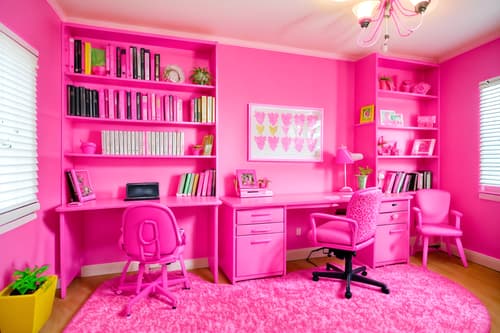 photo from pinterest of hot pink-style interior designed (study room interior) with plant and bookshelves and lounge chair and cabinets and office chair and writing desk and desk lamp and plant. . with barbie sofa and barbie bold rosy hues like fuchsia and magenta and barbie glitter and sparkle and barbie plastic interior and hot pink barbie walls and barbie chairs and hot pink barbie colors and barbie closet. . cinematic photo, highly detailed, cinematic lighting, ultra-detailed, ultrarealistic, photorealism, 8k. trending on pinterest. hot pink interior design style. masterpiece, cinematic light, ultrarealistic+, photorealistic+, 8k, raw photo, realistic, sharp focus on eyes, (symmetrical eyes), (intact eyes), hyperrealistic, highest quality, best quality, , highly detailed, masterpiece, best quality, extremely detailed 8k wallpaper, masterpiece, best quality, ultra-detailed, best shadow, detailed background, detailed face, detailed eyes, high contrast, best illumination, detailed face, dulux, caustic, dynamic angle, detailed glow. dramatic lighting. highly detailed, insanely detailed hair, symmetrical, intricate details, professionally retouched, 8k high definition. strong bokeh. award winning photo.