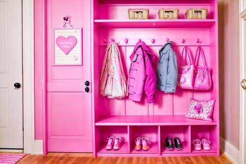 photo from pinterest of hot pink-style interior designed (mudroom interior) with a bench and shelves for shoes and storage drawers and wall hooks for coats and high up storage and cubbies and cabinets and storage baskets. . with hot pink barbie colors and barbie closet and barbie glitter and sparkle and barbie chairs and barbie plastic interior and barbie bold rosy hues like fuchsia and magenta and barbie sofa and barbie style interior. . cinematic photo, highly detailed, cinematic lighting, ultra-detailed, ultrarealistic, photorealism, 8k. trending on pinterest. hot pink interior design style. masterpiece, cinematic light, ultrarealistic+, photorealistic+, 8k, raw photo, realistic, sharp focus on eyes, (symmetrical eyes), (intact eyes), hyperrealistic, highest quality, best quality, , highly detailed, masterpiece, best quality, extremely detailed 8k wallpaper, masterpiece, best quality, ultra-detailed, best shadow, detailed background, detailed face, detailed eyes, high contrast, best illumination, detailed face, dulux, caustic, dynamic angle, detailed glow. dramatic lighting. highly detailed, insanely detailed hair, symmetrical, intricate details, professionally retouched, 8k high definition. strong bokeh. award winning photo.
