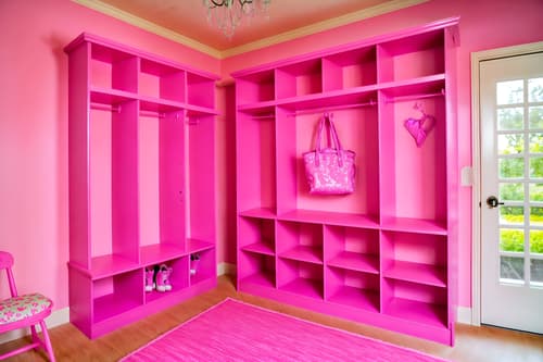 photo from pinterest of hot pink-style interior designed (mudroom interior) with a bench and shelves for shoes and storage drawers and wall hooks for coats and high up storage and cubbies and cabinets and storage baskets. . with hot pink barbie colors and barbie closet and barbie glitter and sparkle and barbie chairs and barbie plastic interior and barbie bold rosy hues like fuchsia and magenta and barbie sofa and barbie style interior. . cinematic photo, highly detailed, cinematic lighting, ultra-detailed, ultrarealistic, photorealism, 8k. trending on pinterest. hot pink interior design style. masterpiece, cinematic light, ultrarealistic+, photorealistic+, 8k, raw photo, realistic, sharp focus on eyes, (symmetrical eyes), (intact eyes), hyperrealistic, highest quality, best quality, , highly detailed, masterpiece, best quality, extremely detailed 8k wallpaper, masterpiece, best quality, ultra-detailed, best shadow, detailed background, detailed face, detailed eyes, high contrast, best illumination, detailed face, dulux, caustic, dynamic angle, detailed glow. dramatic lighting. highly detailed, insanely detailed hair, symmetrical, intricate details, professionally retouched, 8k high definition. strong bokeh. award winning photo.