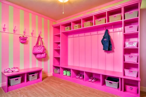 photo from pinterest of hot pink-style interior designed (mudroom interior) with a bench and shelves for shoes and storage drawers and wall hooks for coats and high up storage and cubbies and cabinets and storage baskets. . with hot pink barbie colors and barbie closet and barbie glitter and sparkle and barbie chairs and barbie plastic interior and barbie bold rosy hues like fuchsia and magenta and barbie sofa and barbie style interior. . cinematic photo, highly detailed, cinematic lighting, ultra-detailed, ultrarealistic, photorealism, 8k. trending on pinterest. hot pink interior design style. masterpiece, cinematic light, ultrarealistic+, photorealistic+, 8k, raw photo, realistic, sharp focus on eyes, (symmetrical eyes), (intact eyes), hyperrealistic, highest quality, best quality, , highly detailed, masterpiece, best quality, extremely detailed 8k wallpaper, masterpiece, best quality, ultra-detailed, best shadow, detailed background, detailed face, detailed eyes, high contrast, best illumination, detailed face, dulux, caustic, dynamic angle, detailed glow. dramatic lighting. highly detailed, insanely detailed hair, symmetrical, intricate details, professionally retouched, 8k high definition. strong bokeh. award winning photo.