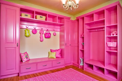 photo from pinterest of hot pink-style interior designed (mudroom interior) with a bench and shelves for shoes and storage drawers and wall hooks for coats and high up storage and cubbies and cabinets and storage baskets. . with hot pink barbie colors and barbie closet and barbie glitter and sparkle and barbie chairs and barbie plastic interior and barbie bold rosy hues like fuchsia and magenta and barbie sofa and barbie style interior. . cinematic photo, highly detailed, cinematic lighting, ultra-detailed, ultrarealistic, photorealism, 8k. trending on pinterest. hot pink interior design style. masterpiece, cinematic light, ultrarealistic+, photorealistic+, 8k, raw photo, realistic, sharp focus on eyes, (symmetrical eyes), (intact eyes), hyperrealistic, highest quality, best quality, , highly detailed, masterpiece, best quality, extremely detailed 8k wallpaper, masterpiece, best quality, ultra-detailed, best shadow, detailed background, detailed face, detailed eyes, high contrast, best illumination, detailed face, dulux, caustic, dynamic angle, detailed glow. dramatic lighting. highly detailed, insanely detailed hair, symmetrical, intricate details, professionally retouched, 8k high definition. strong bokeh. award winning photo.