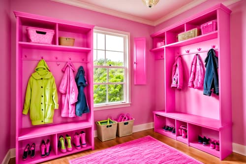 photo from pinterest of hot pink-style interior designed (mudroom interior) with a bench and shelves for shoes and storage drawers and wall hooks for coats and high up storage and cubbies and cabinets and storage baskets. . with hot pink barbie colors and barbie closet and barbie glitter and sparkle and barbie chairs and barbie plastic interior and barbie bold rosy hues like fuchsia and magenta and barbie sofa and barbie style interior. . cinematic photo, highly detailed, cinematic lighting, ultra-detailed, ultrarealistic, photorealism, 8k. trending on pinterest. hot pink interior design style. masterpiece, cinematic light, ultrarealistic+, photorealistic+, 8k, raw photo, realistic, sharp focus on eyes, (symmetrical eyes), (intact eyes), hyperrealistic, highest quality, best quality, , highly detailed, masterpiece, best quality, extremely detailed 8k wallpaper, masterpiece, best quality, ultra-detailed, best shadow, detailed background, detailed face, detailed eyes, high contrast, best illumination, detailed face, dulux, caustic, dynamic angle, detailed glow. dramatic lighting. highly detailed, insanely detailed hair, symmetrical, intricate details, professionally retouched, 8k high definition. strong bokeh. award winning photo.