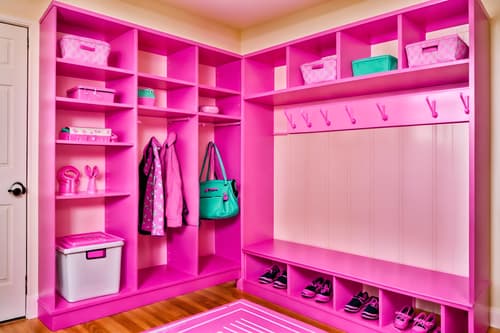 photo from pinterest of hot pink-style interior designed (mudroom interior) with a bench and shelves for shoes and storage drawers and wall hooks for coats and high up storage and cubbies and cabinets and storage baskets. . with hot pink barbie colors and barbie closet and barbie glitter and sparkle and barbie chairs and barbie plastic interior and barbie bold rosy hues like fuchsia and magenta and barbie sofa and barbie style interior. . cinematic photo, highly detailed, cinematic lighting, ultra-detailed, ultrarealistic, photorealism, 8k. trending on pinterest. hot pink interior design style. masterpiece, cinematic light, ultrarealistic+, photorealistic+, 8k, raw photo, realistic, sharp focus on eyes, (symmetrical eyes), (intact eyes), hyperrealistic, highest quality, best quality, , highly detailed, masterpiece, best quality, extremely detailed 8k wallpaper, masterpiece, best quality, ultra-detailed, best shadow, detailed background, detailed face, detailed eyes, high contrast, best illumination, detailed face, dulux, caustic, dynamic angle, detailed glow. dramatic lighting. highly detailed, insanely detailed hair, symmetrical, intricate details, professionally retouched, 8k high definition. strong bokeh. award winning photo.