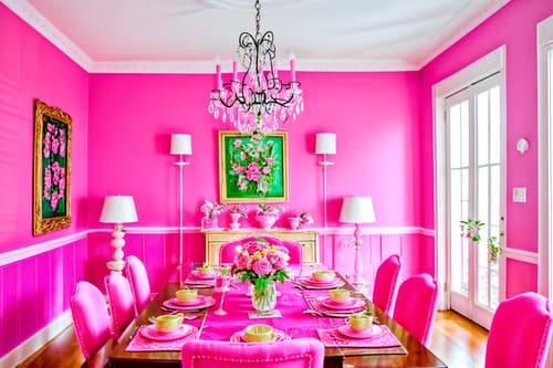 photo from pinterest of hot pink-style interior designed (dining room interior) with plates, cutlery and glasses on dining table and plant and bookshelves and dining table chairs and painting or photo on wall and vase and light or chandelier and dining table. . with hot pink barbie walls and hot pink barbie colors and barbie style interior and barbie glitter and sparkle and barbie sofa and barbie chairs and barbie bold rosy hues like fuchsia and magenta and barbie closet. . cinematic photo, highly detailed, cinematic lighting, ultra-detailed, ultrarealistic, photorealism, 8k. trending on pinterest. hot pink interior design style. masterpiece, cinematic light, ultrarealistic+, photorealistic+, 8k, raw photo, realistic, sharp focus on eyes, (symmetrical eyes), (intact eyes), hyperrealistic, highest quality, best quality, , highly detailed, masterpiece, best quality, extremely detailed 8k wallpaper, masterpiece, best quality, ultra-detailed, best shadow, detailed background, detailed face, detailed eyes, high contrast, best illumination, detailed face, dulux, caustic, dynamic angle, detailed glow. dramatic lighting. highly detailed, insanely detailed hair, symmetrical, intricate details, professionally retouched, 8k high definition. strong bokeh. award winning photo.
