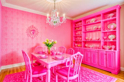 photo from pinterest of hot pink-style interior designed (dining room interior) with plates, cutlery and glasses on dining table and plant and bookshelves and dining table chairs and painting or photo on wall and vase and light or chandelier and dining table. . with hot pink barbie walls and hot pink barbie colors and barbie style interior and barbie glitter and sparkle and barbie sofa and barbie chairs and barbie bold rosy hues like fuchsia and magenta and barbie closet. . cinematic photo, highly detailed, cinematic lighting, ultra-detailed, ultrarealistic, photorealism, 8k. trending on pinterest. hot pink interior design style. masterpiece, cinematic light, ultrarealistic+, photorealistic+, 8k, raw photo, realistic, sharp focus on eyes, (symmetrical eyes), (intact eyes), hyperrealistic, highest quality, best quality, , highly detailed, masterpiece, best quality, extremely detailed 8k wallpaper, masterpiece, best quality, ultra-detailed, best shadow, detailed background, detailed face, detailed eyes, high contrast, best illumination, detailed face, dulux, caustic, dynamic angle, detailed glow. dramatic lighting. highly detailed, insanely detailed hair, symmetrical, intricate details, professionally retouched, 8k high definition. strong bokeh. award winning photo.