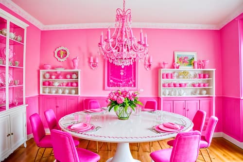 photo from pinterest of hot pink-style interior designed (dining room interior) with plates, cutlery and glasses on dining table and plant and bookshelves and dining table chairs and painting or photo on wall and vase and light or chandelier and dining table. . with hot pink barbie walls and hot pink barbie colors and barbie style interior and barbie glitter and sparkle and barbie sofa and barbie chairs and barbie bold rosy hues like fuchsia and magenta and barbie closet. . cinematic photo, highly detailed, cinematic lighting, ultra-detailed, ultrarealistic, photorealism, 8k. trending on pinterest. hot pink interior design style. masterpiece, cinematic light, ultrarealistic+, photorealistic+, 8k, raw photo, realistic, sharp focus on eyes, (symmetrical eyes), (intact eyes), hyperrealistic, highest quality, best quality, , highly detailed, masterpiece, best quality, extremely detailed 8k wallpaper, masterpiece, best quality, ultra-detailed, best shadow, detailed background, detailed face, detailed eyes, high contrast, best illumination, detailed face, dulux, caustic, dynamic angle, detailed glow. dramatic lighting. highly detailed, insanely detailed hair, symmetrical, intricate details, professionally retouched, 8k high definition. strong bokeh. award winning photo.