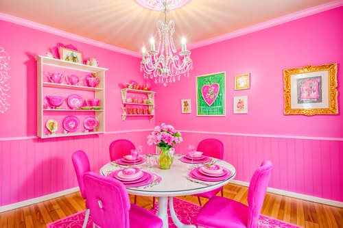 photo from pinterest of hot pink-style interior designed (dining room interior) with plates, cutlery and glasses on dining table and plant and bookshelves and dining table chairs and painting or photo on wall and vase and light or chandelier and dining table. . with hot pink barbie walls and hot pink barbie colors and barbie style interior and barbie glitter and sparkle and barbie sofa and barbie chairs and barbie bold rosy hues like fuchsia and magenta and barbie closet. . cinematic photo, highly detailed, cinematic lighting, ultra-detailed, ultrarealistic, photorealism, 8k. trending on pinterest. hot pink interior design style. masterpiece, cinematic light, ultrarealistic+, photorealistic+, 8k, raw photo, realistic, sharp focus on eyes, (symmetrical eyes), (intact eyes), hyperrealistic, highest quality, best quality, , highly detailed, masterpiece, best quality, extremely detailed 8k wallpaper, masterpiece, best quality, ultra-detailed, best shadow, detailed background, detailed face, detailed eyes, high contrast, best illumination, detailed face, dulux, caustic, dynamic angle, detailed glow. dramatic lighting. highly detailed, insanely detailed hair, symmetrical, intricate details, professionally retouched, 8k high definition. strong bokeh. award winning photo.
