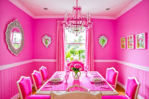 photo from pinterest of hot pink-style interior designed (dining room interior) with plates, cutlery and glasses on dining table and plant and bookshelves and dining table chairs and painting or photo on wall and vase and light or chandelier and dining table. . with hot pink barbie walls and hot pink barbie colors and barbie style interior and barbie glitter and sparkle and barbie sofa and barbie chairs and barbie bold rosy hues like fuchsia and magenta and barbie closet. . cinematic photo, highly detailed, cinematic lighting, ultra-detailed, ultrarealistic, photorealism, 8k. trending on pinterest. hot pink interior design style. masterpiece, cinematic light, ultrarealistic+, photorealistic+, 8k, raw photo, realistic, sharp focus on eyes, (symmetrical eyes), (intact eyes), hyperrealistic, highest quality, best quality, , highly detailed, masterpiece, best quality, extremely detailed 8k wallpaper, masterpiece, best quality, ultra-detailed, best shadow, detailed background, detailed face, detailed eyes, high contrast, best illumination, detailed face, dulux, caustic, dynamic angle, detailed glow. dramatic lighting. highly detailed, insanely detailed hair, symmetrical, intricate details, professionally retouched, 8k high definition. strong bokeh. award winning photo.