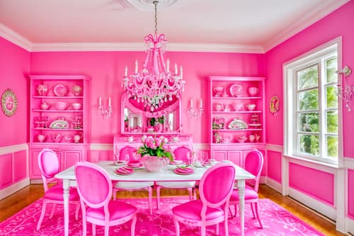 photo from pinterest of hot pink-style interior designed (dining room interior) with plates, cutlery and glasses on dining table and plant and bookshelves and dining table chairs and painting or photo on wall and vase and light or chandelier and dining table. . with hot pink barbie walls and hot pink barbie colors and barbie style interior and barbie glitter and sparkle and barbie sofa and barbie chairs and barbie bold rosy hues like fuchsia and magenta and barbie closet. . cinematic photo, highly detailed, cinematic lighting, ultra-detailed, ultrarealistic, photorealism, 8k. trending on pinterest. hot pink interior design style. masterpiece, cinematic light, ultrarealistic+, photorealistic+, 8k, raw photo, realistic, sharp focus on eyes, (symmetrical eyes), (intact eyes), hyperrealistic, highest quality, best quality, , highly detailed, masterpiece, best quality, extremely detailed 8k wallpaper, masterpiece, best quality, ultra-detailed, best shadow, detailed background, detailed face, detailed eyes, high contrast, best illumination, detailed face, dulux, caustic, dynamic angle, detailed glow. dramatic lighting. highly detailed, insanely detailed hair, symmetrical, intricate details, professionally retouched, 8k high definition. strong bokeh. award winning photo.