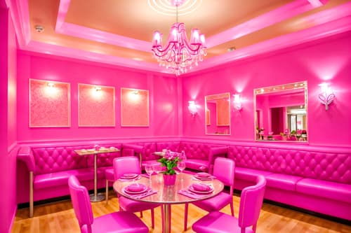 photo from pinterest of hot pink-style interior designed (restaurant interior) with restaurant dining tables and restaurant chairs and restaurant bar and restaurant decor and restaurant dining tables. . with barbie bold rosy hues like fuchsia and magenta and barbie sofa and barbie glitter and sparkle and hot pink barbie walls and hot pink barbie colors and barbie style interior and barbie closet and barbie plastic interior. . cinematic photo, highly detailed, cinematic lighting, ultra-detailed, ultrarealistic, photorealism, 8k. trending on pinterest. hot pink interior design style. masterpiece, cinematic light, ultrarealistic+, photorealistic+, 8k, raw photo, realistic, sharp focus on eyes, (symmetrical eyes), (intact eyes), hyperrealistic, highest quality, best quality, , highly detailed, masterpiece, best quality, extremely detailed 8k wallpaper, masterpiece, best quality, ultra-detailed, best shadow, detailed background, detailed face, detailed eyes, high contrast, best illumination, detailed face, dulux, caustic, dynamic angle, detailed glow. dramatic lighting. highly detailed, insanely detailed hair, symmetrical, intricate details, professionally retouched, 8k high definition. strong bokeh. award winning photo.