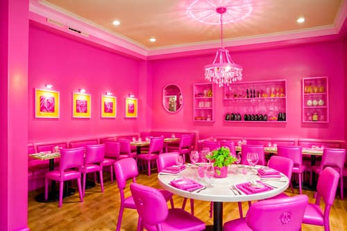 photo from pinterest of hot pink-style interior designed (restaurant interior) with restaurant dining tables and restaurant chairs and restaurant bar and restaurant decor and restaurant dining tables. . with barbie bold rosy hues like fuchsia and magenta and barbie sofa and barbie glitter and sparkle and hot pink barbie walls and hot pink barbie colors and barbie style interior and barbie closet and barbie plastic interior. . cinematic photo, highly detailed, cinematic lighting, ultra-detailed, ultrarealistic, photorealism, 8k. trending on pinterest. hot pink interior design style. masterpiece, cinematic light, ultrarealistic+, photorealistic+, 8k, raw photo, realistic, sharp focus on eyes, (symmetrical eyes), (intact eyes), hyperrealistic, highest quality, best quality, , highly detailed, masterpiece, best quality, extremely detailed 8k wallpaper, masterpiece, best quality, ultra-detailed, best shadow, detailed background, detailed face, detailed eyes, high contrast, best illumination, detailed face, dulux, caustic, dynamic angle, detailed glow. dramatic lighting. highly detailed, insanely detailed hair, symmetrical, intricate details, professionally retouched, 8k high definition. strong bokeh. award winning photo.