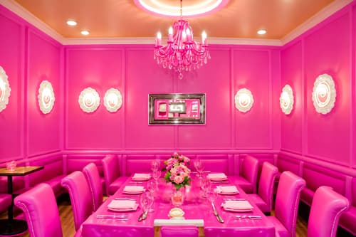 photo from pinterest of hot pink-style interior designed (restaurant interior) with restaurant dining tables and restaurant chairs and restaurant bar and restaurant decor and restaurant dining tables. . with barbie bold rosy hues like fuchsia and magenta and barbie sofa and barbie glitter and sparkle and hot pink barbie walls and hot pink barbie colors and barbie style interior and barbie closet and barbie plastic interior. . cinematic photo, highly detailed, cinematic lighting, ultra-detailed, ultrarealistic, photorealism, 8k. trending on pinterest. hot pink interior design style. masterpiece, cinematic light, ultrarealistic+, photorealistic+, 8k, raw photo, realistic, sharp focus on eyes, (symmetrical eyes), (intact eyes), hyperrealistic, highest quality, best quality, , highly detailed, masterpiece, best quality, extremely detailed 8k wallpaper, masterpiece, best quality, ultra-detailed, best shadow, detailed background, detailed face, detailed eyes, high contrast, best illumination, detailed face, dulux, caustic, dynamic angle, detailed glow. dramatic lighting. highly detailed, insanely detailed hair, symmetrical, intricate details, professionally retouched, 8k high definition. strong bokeh. award winning photo.