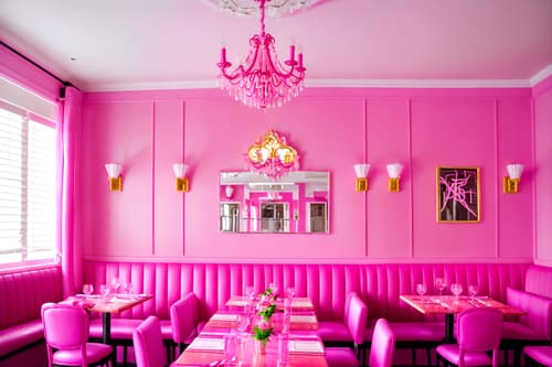 photo from pinterest of hot pink-style interior designed (restaurant interior) with restaurant dining tables and restaurant chairs and restaurant bar and restaurant decor and restaurant dining tables. . with barbie bold rosy hues like fuchsia and magenta and barbie sofa and barbie glitter and sparkle and hot pink barbie walls and hot pink barbie colors and barbie style interior and barbie closet and barbie plastic interior. . cinematic photo, highly detailed, cinematic lighting, ultra-detailed, ultrarealistic, photorealism, 8k. trending on pinterest. hot pink interior design style. masterpiece, cinematic light, ultrarealistic+, photorealistic+, 8k, raw photo, realistic, sharp focus on eyes, (symmetrical eyes), (intact eyes), hyperrealistic, highest quality, best quality, , highly detailed, masterpiece, best quality, extremely detailed 8k wallpaper, masterpiece, best quality, ultra-detailed, best shadow, detailed background, detailed face, detailed eyes, high contrast, best illumination, detailed face, dulux, caustic, dynamic angle, detailed glow. dramatic lighting. highly detailed, insanely detailed hair, symmetrical, intricate details, professionally retouched, 8k high definition. strong bokeh. award winning photo.