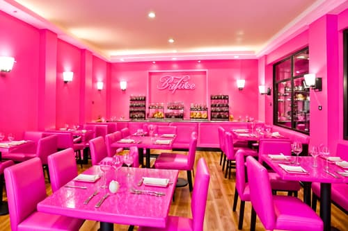 photo from pinterest of hot pink-style interior designed (restaurant interior) with restaurant dining tables and restaurant chairs and restaurant bar and restaurant decor and restaurant dining tables. . with barbie bold rosy hues like fuchsia and magenta and barbie sofa and barbie glitter and sparkle and hot pink barbie walls and hot pink barbie colors and barbie style interior and barbie closet and barbie plastic interior. . cinematic photo, highly detailed, cinematic lighting, ultra-detailed, ultrarealistic, photorealism, 8k. trending on pinterest. hot pink interior design style. masterpiece, cinematic light, ultrarealistic+, photorealistic+, 8k, raw photo, realistic, sharp focus on eyes, (symmetrical eyes), (intact eyes), hyperrealistic, highest quality, best quality, , highly detailed, masterpiece, best quality, extremely detailed 8k wallpaper, masterpiece, best quality, ultra-detailed, best shadow, detailed background, detailed face, detailed eyes, high contrast, best illumination, detailed face, dulux, caustic, dynamic angle, detailed glow. dramatic lighting. highly detailed, insanely detailed hair, symmetrical, intricate details, professionally retouched, 8k high definition. strong bokeh. award winning photo.