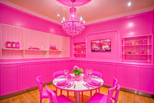 photo from pinterest of hot pink-style interior designed (restaurant interior) with restaurant dining tables and restaurant chairs and restaurant bar and restaurant decor and restaurant dining tables. . with barbie bold rosy hues like fuchsia and magenta and barbie sofa and barbie glitter and sparkle and hot pink barbie walls and hot pink barbie colors and barbie style interior and barbie closet and barbie plastic interior. . cinematic photo, highly detailed, cinematic lighting, ultra-detailed, ultrarealistic, photorealism, 8k. trending on pinterest. hot pink interior design style. masterpiece, cinematic light, ultrarealistic+, photorealistic+, 8k, raw photo, realistic, sharp focus on eyes, (symmetrical eyes), (intact eyes), hyperrealistic, highest quality, best quality, , highly detailed, masterpiece, best quality, extremely detailed 8k wallpaper, masterpiece, best quality, ultra-detailed, best shadow, detailed background, detailed face, detailed eyes, high contrast, best illumination, detailed face, dulux, caustic, dynamic angle, detailed glow. dramatic lighting. highly detailed, insanely detailed hair, symmetrical, intricate details, professionally retouched, 8k high definition. strong bokeh. award winning photo.