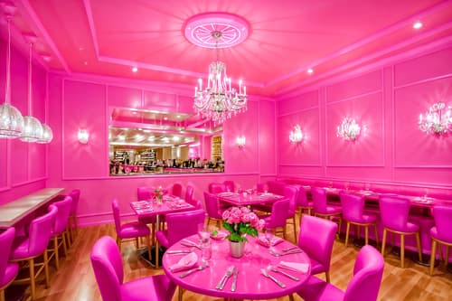 photo from pinterest of hot pink-style interior designed (restaurant interior) with restaurant dining tables and restaurant chairs and restaurant bar and restaurant decor and restaurant dining tables. . with barbie bold rosy hues like fuchsia and magenta and barbie sofa and barbie glitter and sparkle and hot pink barbie walls and hot pink barbie colors and barbie style interior and barbie closet and barbie plastic interior. . cinematic photo, highly detailed, cinematic lighting, ultra-detailed, ultrarealistic, photorealism, 8k. trending on pinterest. hot pink interior design style. masterpiece, cinematic light, ultrarealistic+, photorealistic+, 8k, raw photo, realistic, sharp focus on eyes, (symmetrical eyes), (intact eyes), hyperrealistic, highest quality, best quality, , highly detailed, masterpiece, best quality, extremely detailed 8k wallpaper, masterpiece, best quality, ultra-detailed, best shadow, detailed background, detailed face, detailed eyes, high contrast, best illumination, detailed face, dulux, caustic, dynamic angle, detailed glow. dramatic lighting. highly detailed, insanely detailed hair, symmetrical, intricate details, professionally retouched, 8k high definition. strong bokeh. award winning photo.