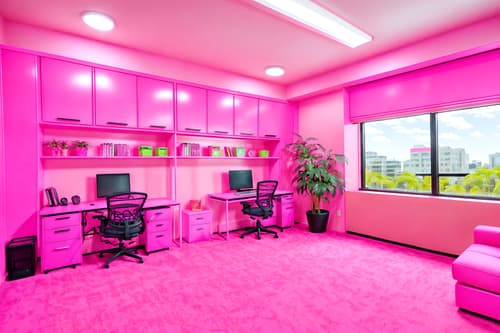 photo from pinterest of hot pink-style interior designed (office interior) with cabinets and computer desks and seating area with sofa and office desks and windows and lounge chairs and office chairs and plants. . with barbie style interior and barbie closet and barbie sofa and barbie chairs and hot pink barbie walls and hot pink barbie colors and barbie plastic interior and barbie bold rosy hues like fuchsia and magenta. . cinematic photo, highly detailed, cinematic lighting, ultra-detailed, ultrarealistic, photorealism, 8k. trending on pinterest. hot pink interior design style. masterpiece, cinematic light, ultrarealistic+, photorealistic+, 8k, raw photo, realistic, sharp focus on eyes, (symmetrical eyes), (intact eyes), hyperrealistic, highest quality, best quality, , highly detailed, masterpiece, best quality, extremely detailed 8k wallpaper, masterpiece, best quality, ultra-detailed, best shadow, detailed background, detailed face, detailed eyes, high contrast, best illumination, detailed face, dulux, caustic, dynamic angle, detailed glow. dramatic lighting. highly detailed, insanely detailed hair, symmetrical, intricate details, professionally retouched, 8k high definition. strong bokeh. award winning photo.