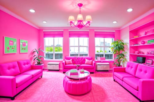 photo from pinterest of hot pink-style interior designed (office interior) with cabinets and computer desks and seating area with sofa and office desks and windows and lounge chairs and office chairs and plants. . with barbie style interior and barbie closet and barbie sofa and barbie chairs and hot pink barbie walls and hot pink barbie colors and barbie plastic interior and barbie bold rosy hues like fuchsia and magenta. . cinematic photo, highly detailed, cinematic lighting, ultra-detailed, ultrarealistic, photorealism, 8k. trending on pinterest. hot pink interior design style. masterpiece, cinematic light, ultrarealistic+, photorealistic+, 8k, raw photo, realistic, sharp focus on eyes, (symmetrical eyes), (intact eyes), hyperrealistic, highest quality, best quality, , highly detailed, masterpiece, best quality, extremely detailed 8k wallpaper, masterpiece, best quality, ultra-detailed, best shadow, detailed background, detailed face, detailed eyes, high contrast, best illumination, detailed face, dulux, caustic, dynamic angle, detailed glow. dramatic lighting. highly detailed, insanely detailed hair, symmetrical, intricate details, professionally retouched, 8k high definition. strong bokeh. award winning photo.