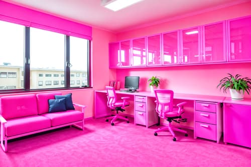 photo from pinterest of hot pink-style interior designed (office interior) with cabinets and computer desks and seating area with sofa and office desks and windows and lounge chairs and office chairs and plants. . with barbie style interior and barbie closet and barbie sofa and barbie chairs and hot pink barbie walls and hot pink barbie colors and barbie plastic interior and barbie bold rosy hues like fuchsia and magenta. . cinematic photo, highly detailed, cinematic lighting, ultra-detailed, ultrarealistic, photorealism, 8k. trending on pinterest. hot pink interior design style. masterpiece, cinematic light, ultrarealistic+, photorealistic+, 8k, raw photo, realistic, sharp focus on eyes, (symmetrical eyes), (intact eyes), hyperrealistic, highest quality, best quality, , highly detailed, masterpiece, best quality, extremely detailed 8k wallpaper, masterpiece, best quality, ultra-detailed, best shadow, detailed background, detailed face, detailed eyes, high contrast, best illumination, detailed face, dulux, caustic, dynamic angle, detailed glow. dramatic lighting. highly detailed, insanely detailed hair, symmetrical, intricate details, professionally retouched, 8k high definition. strong bokeh. award winning photo.