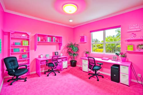 photo from pinterest of hot pink-style interior designed (office interior) with cabinets and computer desks and seating area with sofa and office desks and windows and lounge chairs and office chairs and plants. . with barbie style interior and barbie closet and barbie sofa and barbie chairs and hot pink barbie walls and hot pink barbie colors and barbie plastic interior and barbie bold rosy hues like fuchsia and magenta. . cinematic photo, highly detailed, cinematic lighting, ultra-detailed, ultrarealistic, photorealism, 8k. trending on pinterest. hot pink interior design style. masterpiece, cinematic light, ultrarealistic+, photorealistic+, 8k, raw photo, realistic, sharp focus on eyes, (symmetrical eyes), (intact eyes), hyperrealistic, highest quality, best quality, , highly detailed, masterpiece, best quality, extremely detailed 8k wallpaper, masterpiece, best quality, ultra-detailed, best shadow, detailed background, detailed face, detailed eyes, high contrast, best illumination, detailed face, dulux, caustic, dynamic angle, detailed glow. dramatic lighting. highly detailed, insanely detailed hair, symmetrical, intricate details, professionally retouched, 8k high definition. strong bokeh. award winning photo.