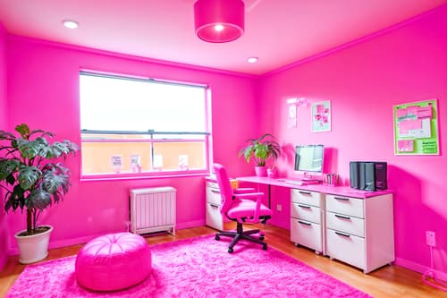 photo from pinterest of hot pink-style interior designed (office interior) with cabinets and computer desks and seating area with sofa and office desks and windows and lounge chairs and office chairs and plants. . with barbie style interior and barbie closet and barbie sofa and barbie chairs and hot pink barbie walls and hot pink barbie colors and barbie plastic interior and barbie bold rosy hues like fuchsia and magenta. . cinematic photo, highly detailed, cinematic lighting, ultra-detailed, ultrarealistic, photorealism, 8k. trending on pinterest. hot pink interior design style. masterpiece, cinematic light, ultrarealistic+, photorealistic+, 8k, raw photo, realistic, sharp focus on eyes, (symmetrical eyes), (intact eyes), hyperrealistic, highest quality, best quality, , highly detailed, masterpiece, best quality, extremely detailed 8k wallpaper, masterpiece, best quality, ultra-detailed, best shadow, detailed background, detailed face, detailed eyes, high contrast, best illumination, detailed face, dulux, caustic, dynamic angle, detailed glow. dramatic lighting. highly detailed, insanely detailed hair, symmetrical, intricate details, professionally retouched, 8k high definition. strong bokeh. award winning photo.