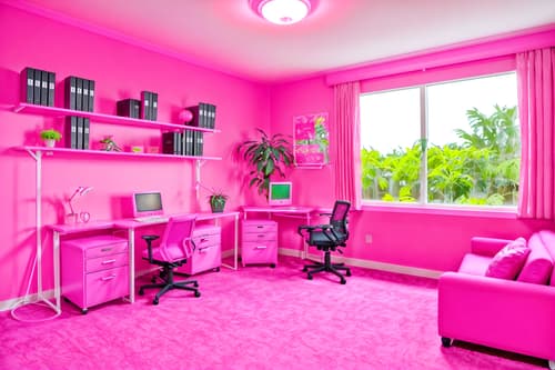 photo from pinterest of hot pink-style interior designed (office interior) with cabinets and computer desks and seating area with sofa and office desks and windows and lounge chairs and office chairs and plants. . with barbie style interior and barbie closet and barbie sofa and barbie chairs and hot pink barbie walls and hot pink barbie colors and barbie plastic interior and barbie bold rosy hues like fuchsia and magenta. . cinematic photo, highly detailed, cinematic lighting, ultra-detailed, ultrarealistic, photorealism, 8k. trending on pinterest. hot pink interior design style. masterpiece, cinematic light, ultrarealistic+, photorealistic+, 8k, raw photo, realistic, sharp focus on eyes, (symmetrical eyes), (intact eyes), hyperrealistic, highest quality, best quality, , highly detailed, masterpiece, best quality, extremely detailed 8k wallpaper, masterpiece, best quality, ultra-detailed, best shadow, detailed background, detailed face, detailed eyes, high contrast, best illumination, detailed face, dulux, caustic, dynamic angle, detailed glow. dramatic lighting. highly detailed, insanely detailed hair, symmetrical, intricate details, professionally retouched, 8k high definition. strong bokeh. award winning photo.