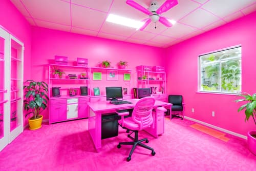photo from pinterest of hot pink-style interior designed (office interior) with cabinets and computer desks and seating area with sofa and office desks and windows and lounge chairs and office chairs and plants. . with barbie style interior and barbie closet and barbie sofa and barbie chairs and hot pink barbie walls and hot pink barbie colors and barbie plastic interior and barbie bold rosy hues like fuchsia and magenta. . cinematic photo, highly detailed, cinematic lighting, ultra-detailed, ultrarealistic, photorealism, 8k. trending on pinterest. hot pink interior design style. masterpiece, cinematic light, ultrarealistic+, photorealistic+, 8k, raw photo, realistic, sharp focus on eyes, (symmetrical eyes), (intact eyes), hyperrealistic, highest quality, best quality, , highly detailed, masterpiece, best quality, extremely detailed 8k wallpaper, masterpiece, best quality, ultra-detailed, best shadow, detailed background, detailed face, detailed eyes, high contrast, best illumination, detailed face, dulux, caustic, dynamic angle, detailed glow. dramatic lighting. highly detailed, insanely detailed hair, symmetrical, intricate details, professionally retouched, 8k high definition. strong bokeh. award winning photo.