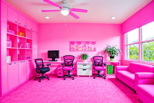 photo from pinterest of hot pink-style interior designed (office interior) with cabinets and computer desks and seating area with sofa and office desks and windows and lounge chairs and office chairs and plants. . with barbie style interior and barbie closet and barbie sofa and barbie chairs and hot pink barbie walls and hot pink barbie colors and barbie plastic interior and barbie bold rosy hues like fuchsia and magenta. . cinematic photo, highly detailed, cinematic lighting, ultra-detailed, ultrarealistic, photorealism, 8k. trending on pinterest. hot pink interior design style. masterpiece, cinematic light, ultrarealistic+, photorealistic+, 8k, raw photo, realistic, sharp focus on eyes, (symmetrical eyes), (intact eyes), hyperrealistic, highest quality, best quality, , highly detailed, masterpiece, best quality, extremely detailed 8k wallpaper, masterpiece, best quality, ultra-detailed, best shadow, detailed background, detailed face, detailed eyes, high contrast, best illumination, detailed face, dulux, caustic, dynamic angle, detailed glow. dramatic lighting. highly detailed, insanely detailed hair, symmetrical, intricate details, professionally retouched, 8k high definition. strong bokeh. award winning photo.