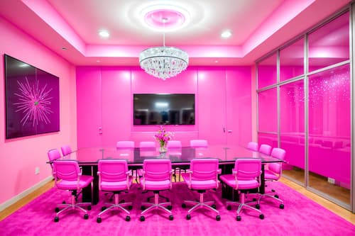 photo from pinterest of hot pink-style interior designed (meeting room interior) with painting or photo on wall and cabinets and glass walls and boardroom table and glass doors and vase and plant and office chairs. . with barbie sofa and hot pink barbie walls and barbie chairs and barbie glitter and sparkle and barbie closet and hot pink barbie colors and barbie style interior and barbie bold rosy hues like fuchsia and magenta. . cinematic photo, highly detailed, cinematic lighting, ultra-detailed, ultrarealistic, photorealism, 8k. trending on pinterest. hot pink interior design style. masterpiece, cinematic light, ultrarealistic+, photorealistic+, 8k, raw photo, realistic, sharp focus on eyes, (symmetrical eyes), (intact eyes), hyperrealistic, highest quality, best quality, , highly detailed, masterpiece, best quality, extremely detailed 8k wallpaper, masterpiece, best quality, ultra-detailed, best shadow, detailed background, detailed face, detailed eyes, high contrast, best illumination, detailed face, dulux, caustic, dynamic angle, detailed glow. dramatic lighting. highly detailed, insanely detailed hair, symmetrical, intricate details, professionally retouched, 8k high definition. strong bokeh. award winning photo.